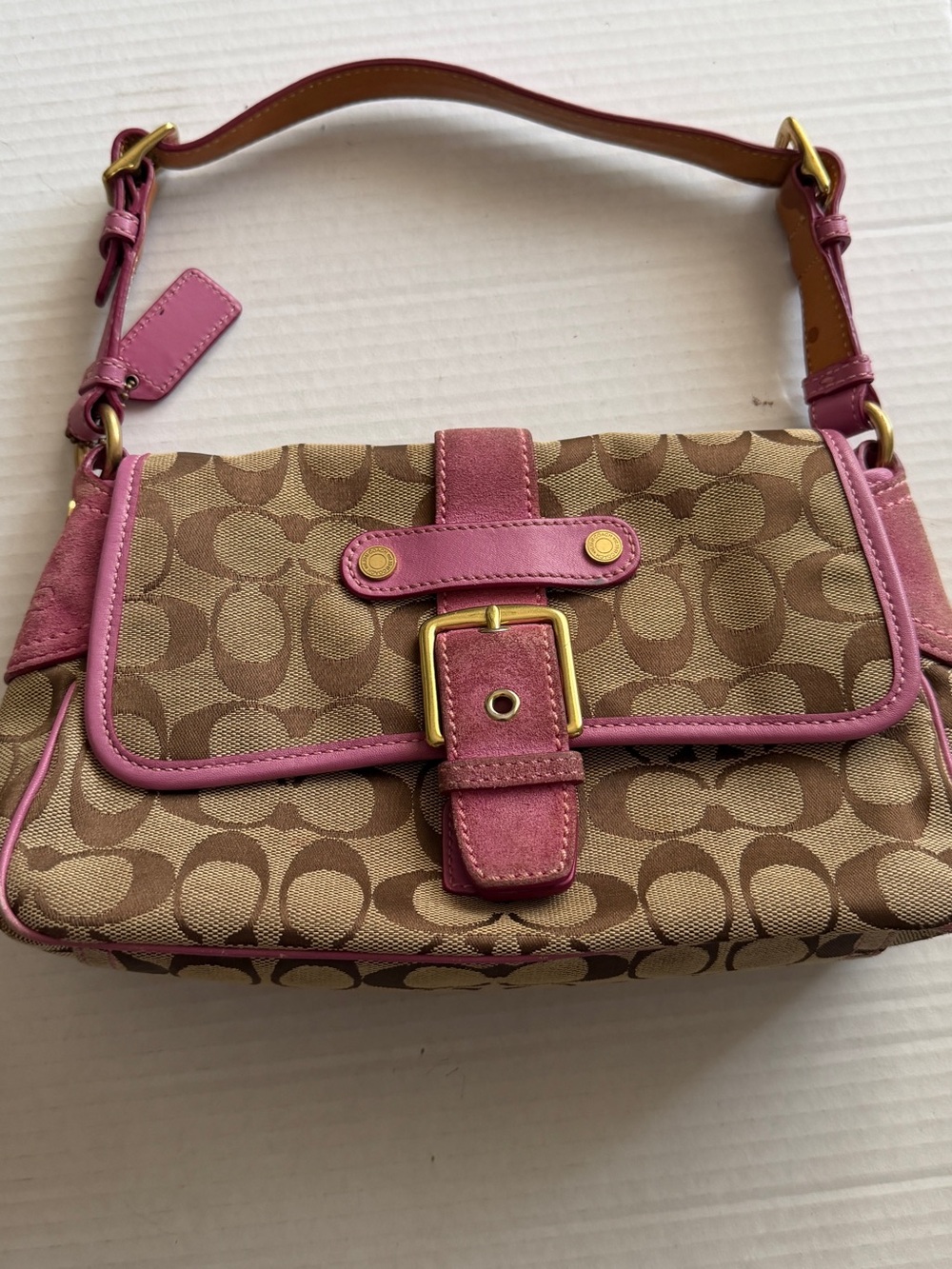 Coach Brown Signature Canvas Shoulder Bag with Pink Trim